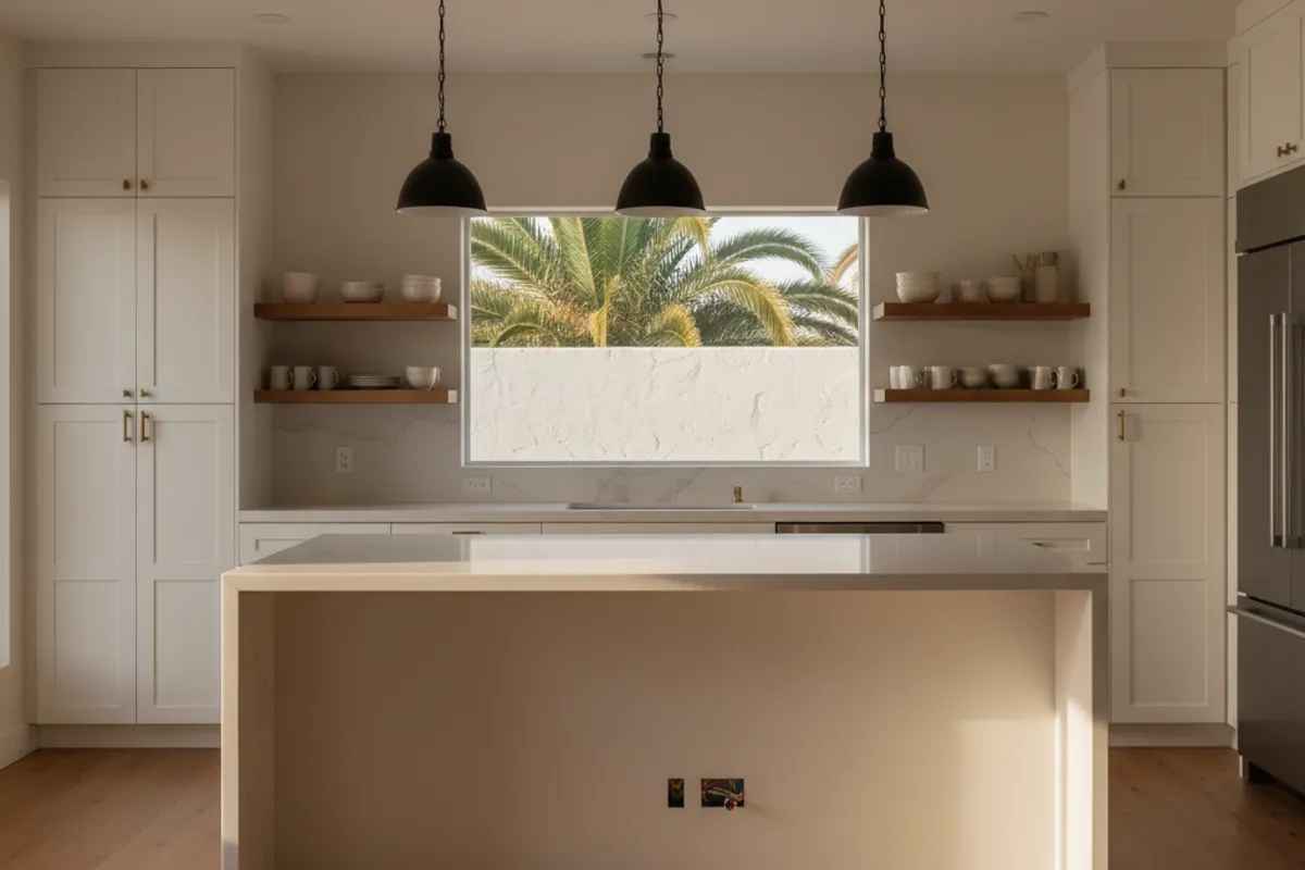 A modern San Diego kitchen remodel featuring shaker cabinets, quartz counters, and a large island beneath pendant lights.