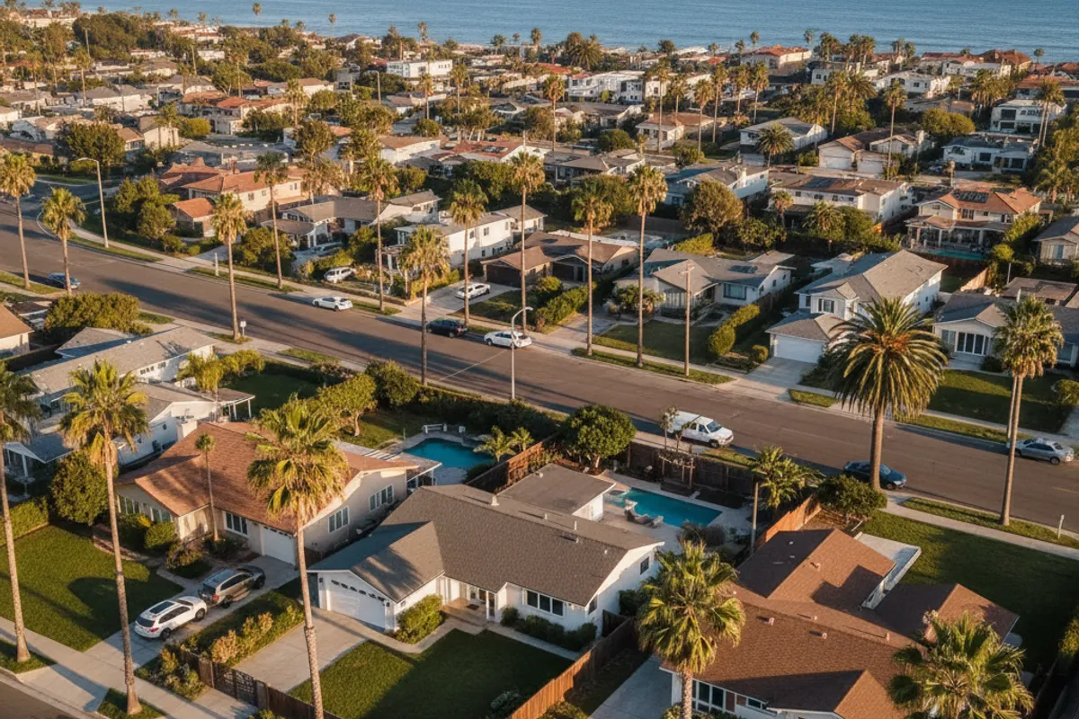 Aerial photo of the San Diego County coastline at sunset, with coastal and inland neighborhoods that Modern Kitchen San Diego serves.