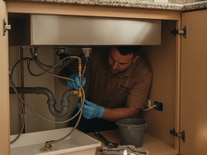 A plumber fitting correct drainage and a waterproof liner beneath the sink during a kitchen remodel