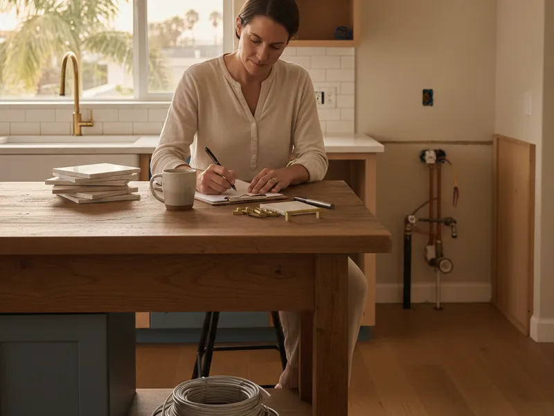 A homeowner sitting at a table, going over a kitchen remodel budget spreadsheet
