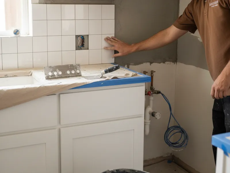 A custom range hood above a white zellige backsplash in a San Diego kitchen, tiled by an independent contractor