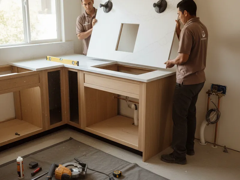 San Diego home mid-remodel with a new quartz kitchen countertop and undermount sink in place