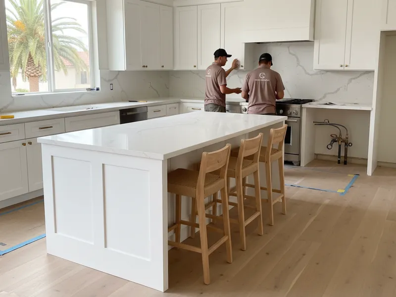 A San Diego remodel with a new white oak kitchen island, waterfall quartz counters, and a breakfast bar