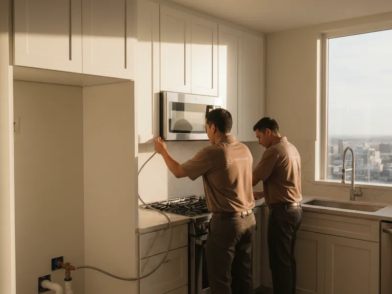 A small San Diego high-rise condo kitchen remodeled with light quartz counters and a slim pantry