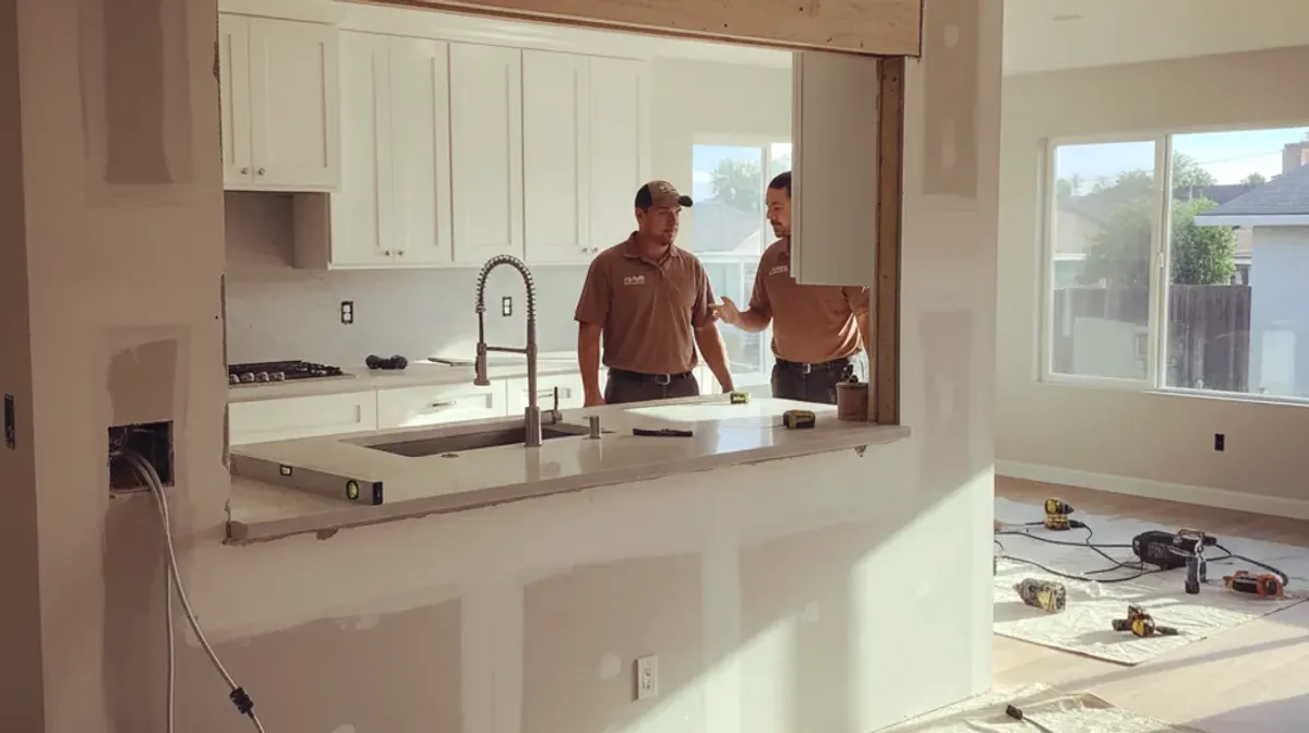 An open kitchen and living room after a wall was removed, with the header finished flush