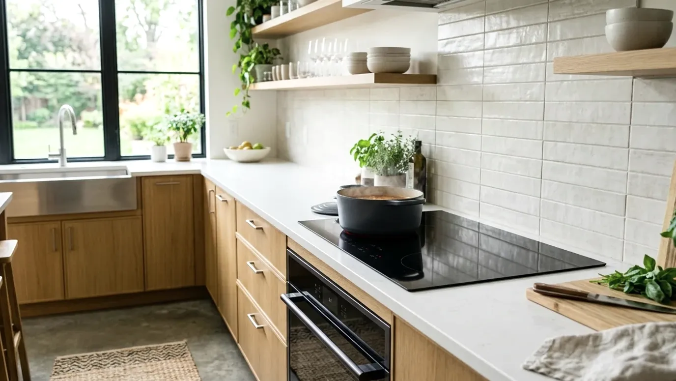 A gas range pulled out from the cabinet run with the gas connection visible behind it