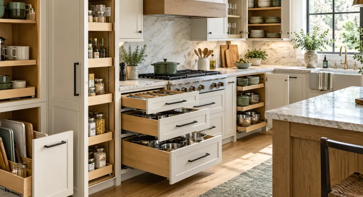 A tall kitchen pantry cabinet beside standard base cabinets in a San Diego kitchen