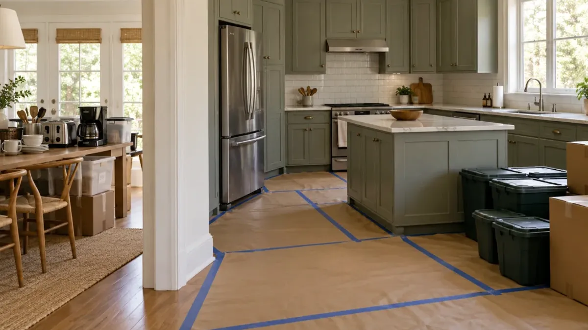Old kitchen cabinets removed and set aside before a San Diego kitchen remodel