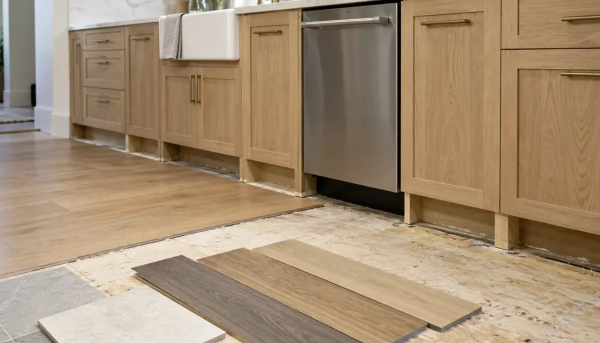 Stainless dishwasher between light wood cabinets with flooring samples on the subfloor in front