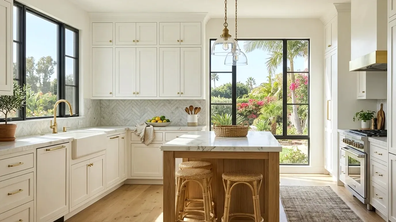 Shaker cabinet doors in a coastal San Diego kitchen where fog can make a door rub the frame