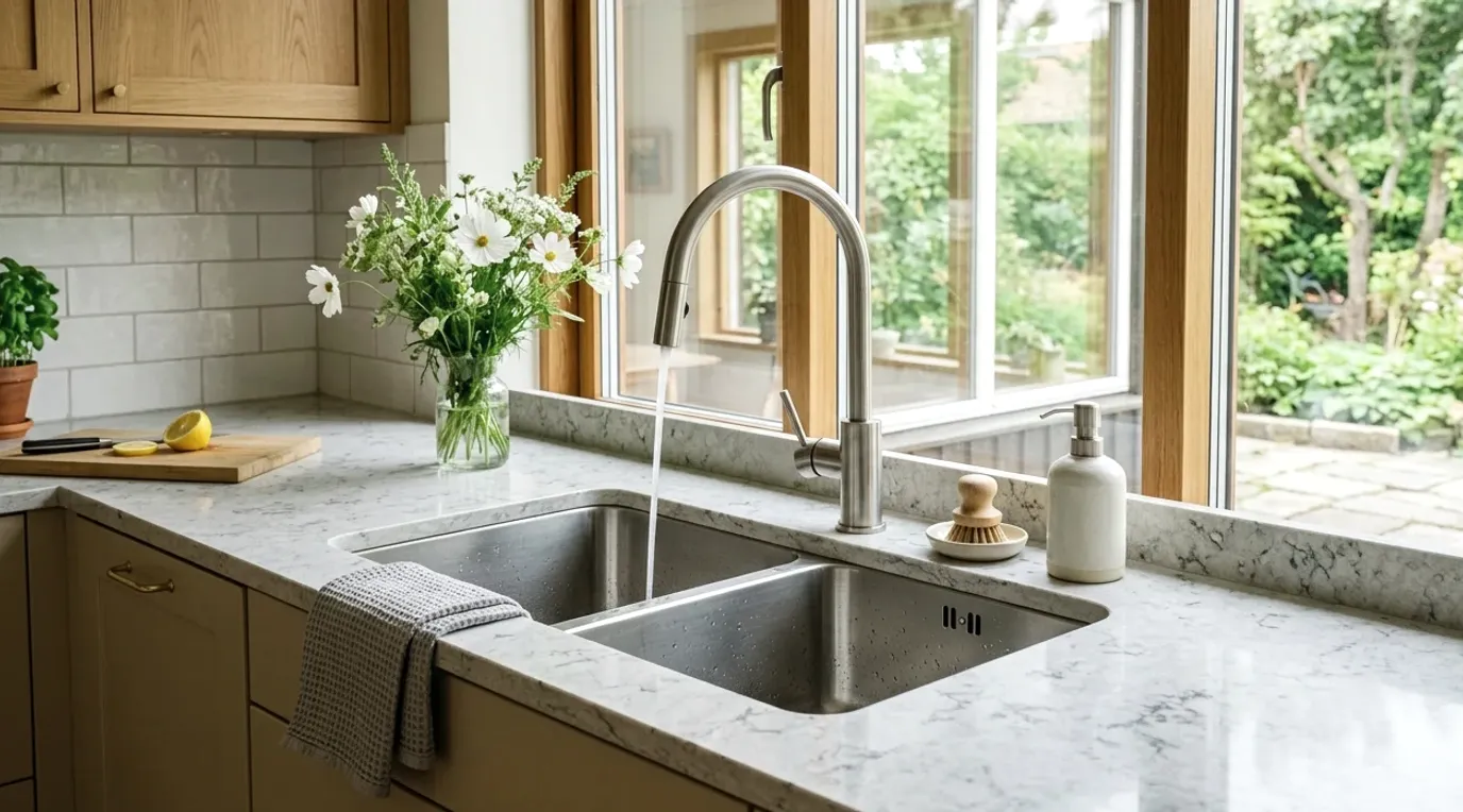 Undermount double sink in a stone counter with a high-arc faucet at a kitchen window