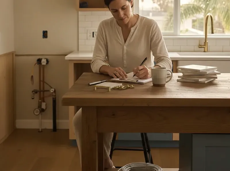 Homeowner writing notes at a kitchen table with finish samples and exposed plumbing nearby