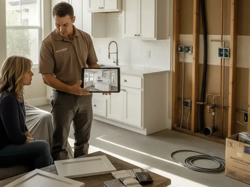 Remodeler showing a kitchen design on a tablet beside an open wall with plumbing and wiring
